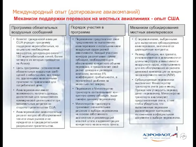 Международный опыт (дотирование авиакомпаний) Механизм поддержки перевозок на местных авиалиниях - опыт