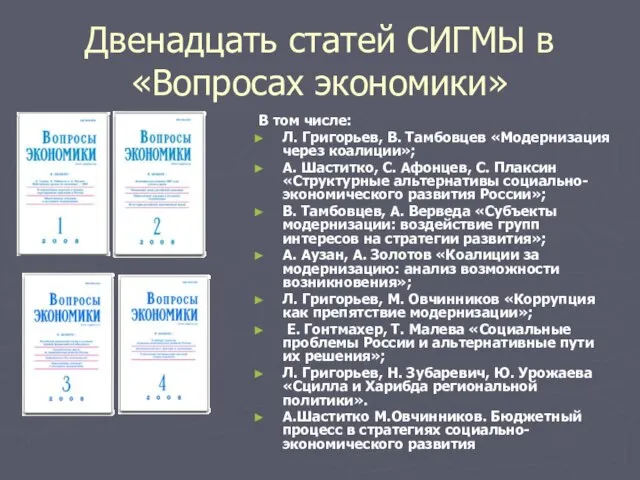 Двенадцать статей СИГМЫ в «Вопросах экономики» В том числе: Л. Григорьев, В.