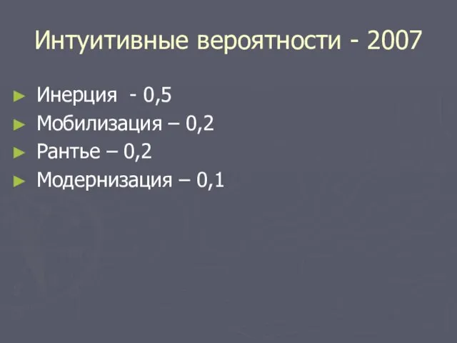 Интуитивные вероятности - 2007 Инерция - 0,5 Мобилизация – 0,2 Рантье – 0,2 Модернизация – 0,1