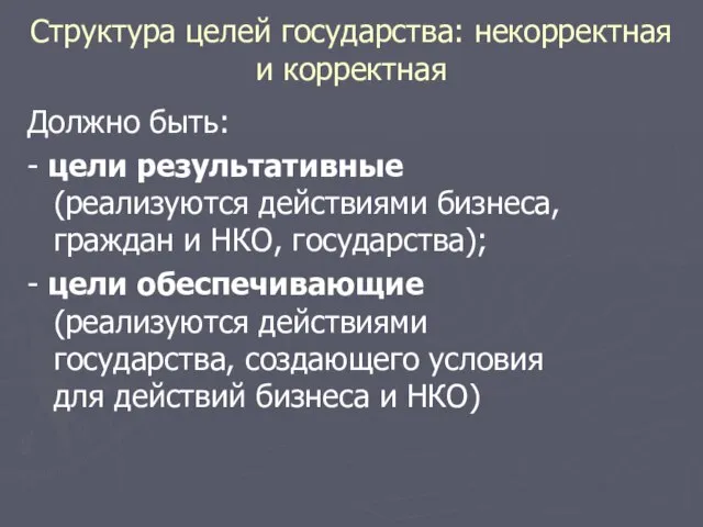 Структура целей государства: некорректная и корректная Должно быть: - цели результативные (реализуются