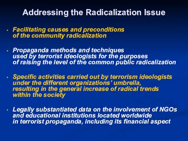 Addressing the Radicalization Issue Facilitating causes and preconditions of the community radicalization