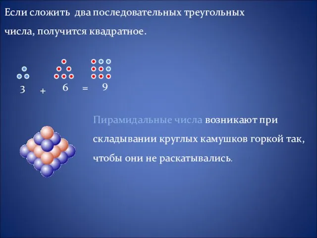 Если сложить два последовательных треугольных числа, получится квадратное. Пирамидальные числа возникают при