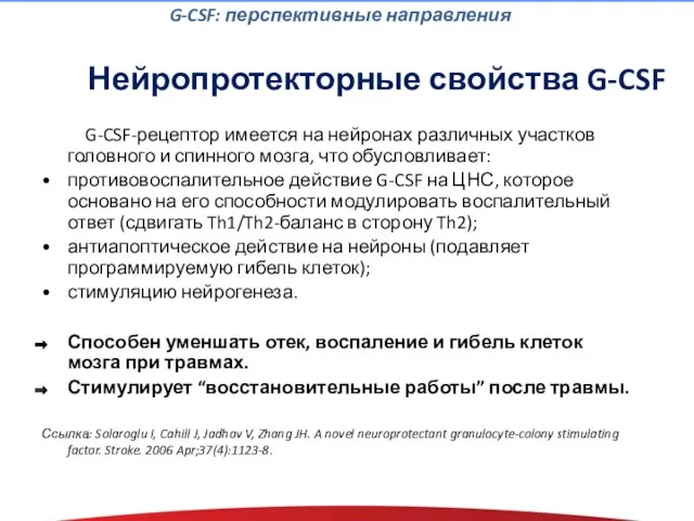 Нейропротекторные свойства G-CSF G-CSF: перспективные направления G-CSF-рецептор имеется на нейронах различных участков