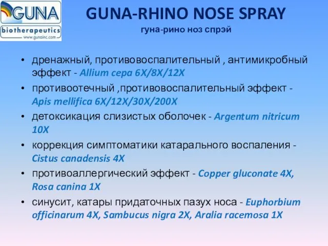 GUNA-RHINO NOSE SPRAY гуна-рино ноз спрэй дренажный, противовоспалительный , антимикробный эффект -