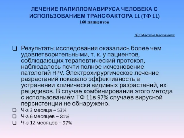 ЛЕЧЕНИЕ ПАПИЛЛОМАВИРУСА ЧЕЛОВЕКА С ИСПОЛЬЗОВАНИЕМ ТРАНСФАКТОРА 11 (ТФ 11) 160 пациентов Д-р