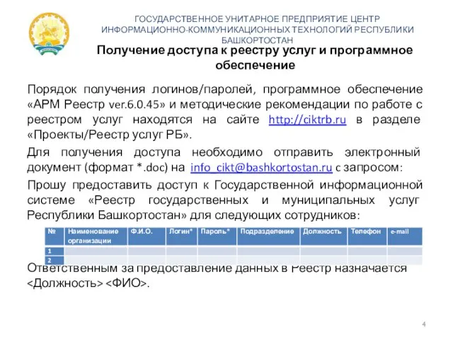 Получение доступа к реестру услуг и программное обеспечение ГОСУДАРСТВЕННОЕ УНИТАРНОЕ ПРЕДПРИЯТИЕ ЦЕНТР