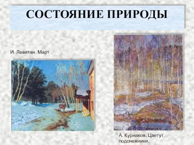 СОСТОЯНИЕ ПРИРОДЫ А. Курнаков. Цветут подснежники. И. Левитан. Март