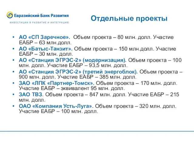 Отдельные проекты АО «СП Заречное». Объем проекта – 80 млн. долл. Участие