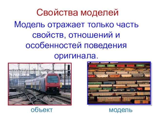 Свойства моделей Модель отражает только часть свойств, отношений и особенностей поведения оригинала. объект модель