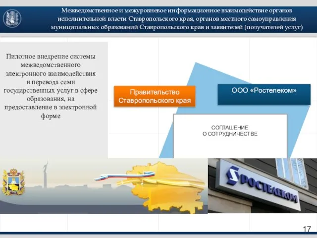 Правительство Ставропольского края ООО «Ростелеком» Пилотное внедрение системы межведомственного электронного взаимодействия и