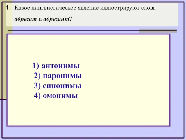 Какое лингвистическое явление иллюстрируют слова адресат и адресант? 1) антонимы 2) паронимы 3) синонимы 4) омонимы