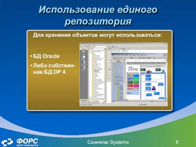 Casewise Systems Использование единого репозитория Для хранения объектов могут использоваться: БД Oracle