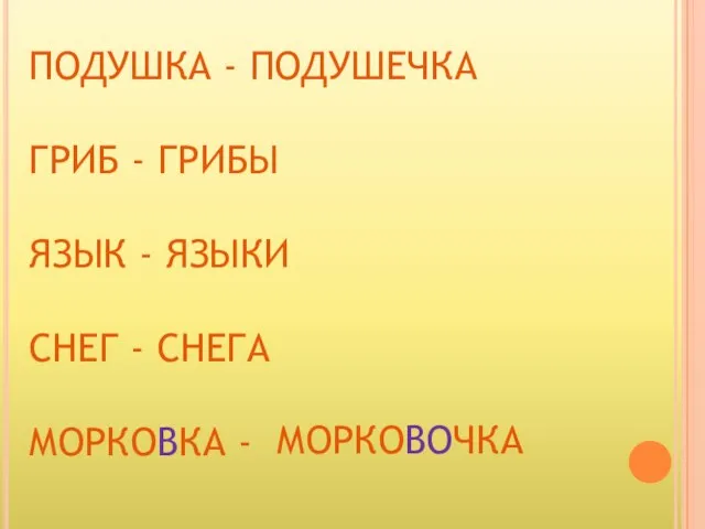 ПОДУШКА - ПОДУШЕЧКА ГРИБ - ГРИБЫ ЯЗЫК - ЯЗЫКИ СНЕГ - СНЕГА МОРКОВКА - МОРКОВОЧКА