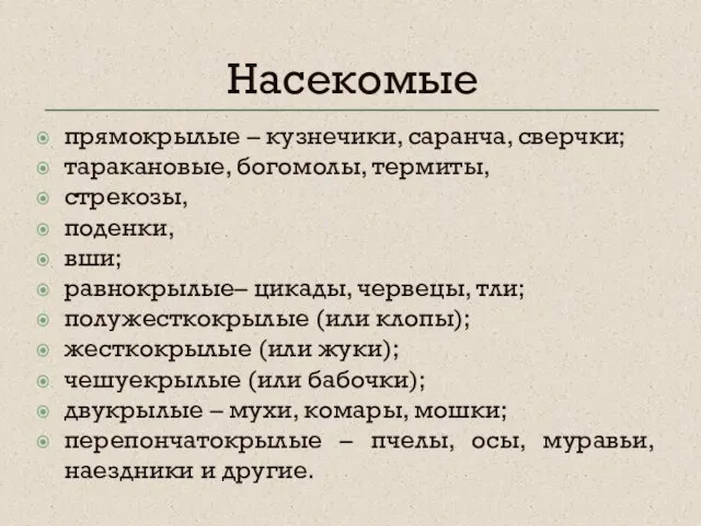 Насекомые прямокрылые – кузнечики, саранча, сверчки; таракановые, богомолы, термиты, стрекозы, поденки, вши;