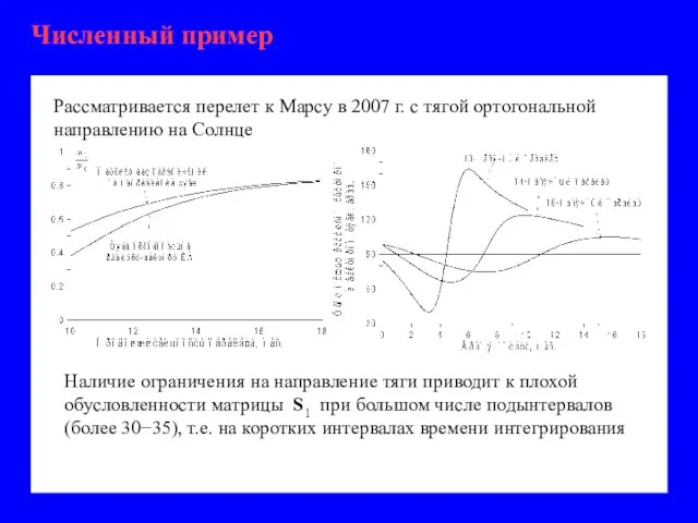 Численный пример Рассматривается перелет к Марсу в 2007 г. с тягой ортогональной