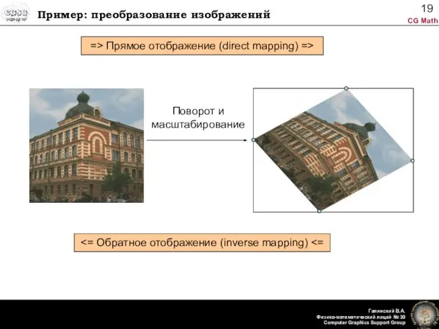 Пример: преобразование изображений Поворот и масштабирование => Прямое отображение (direct mapping) =>