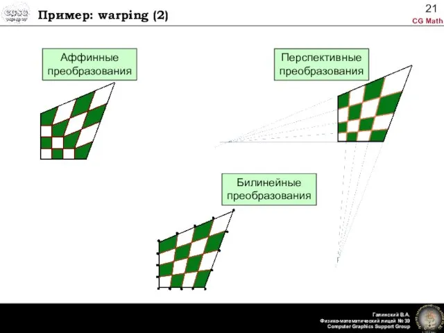 Пример: warping (2) Аффинные преобразования Билинейные преобразования Перспективные преобразования
