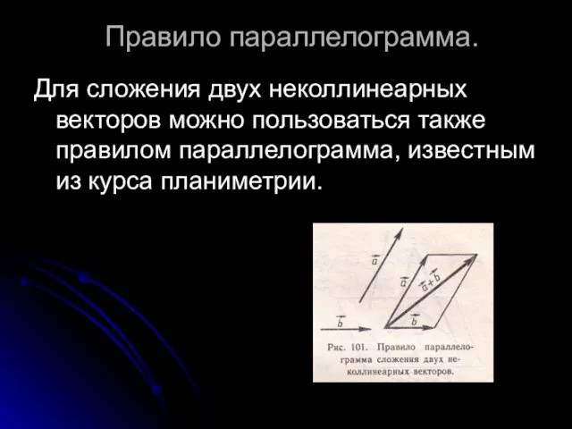 Правило параллелограмма. Для сложения двух неколлинеарных векторов можно пользоваться также правилом параллелограмма, известным из курса планиметрии.