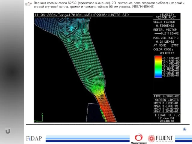 ______________________________________________ Вариант кромки сопла 62°30′ (проектное значение). 2D векторное поле скорости в