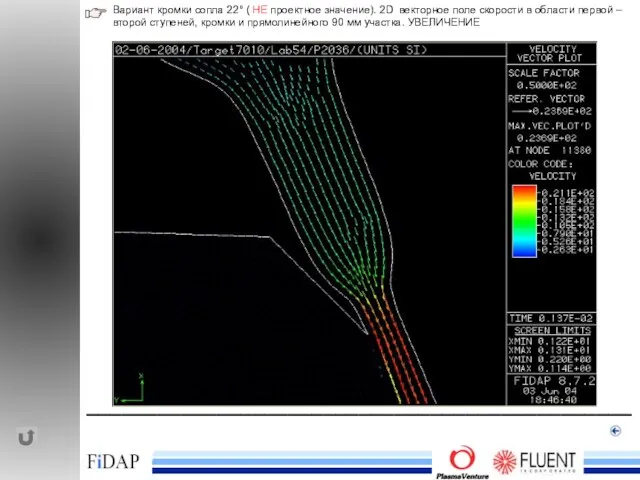 ______________________________________________ Вариант кромки сопла 22° ( НЕ проектное значение). 2D векторное поле