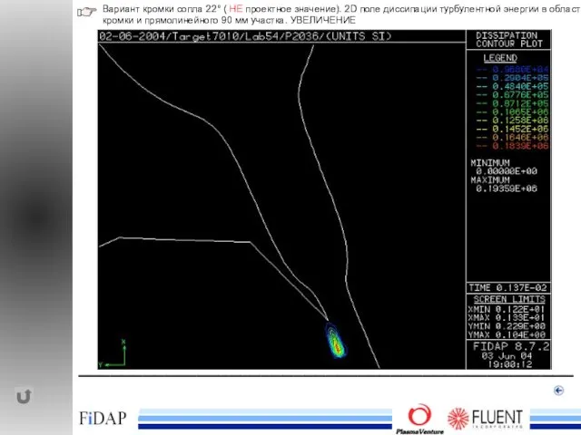 ______________________________________________ Вариант кромки сопла 22° ( НЕ проектное значение). 2D поле диссипации