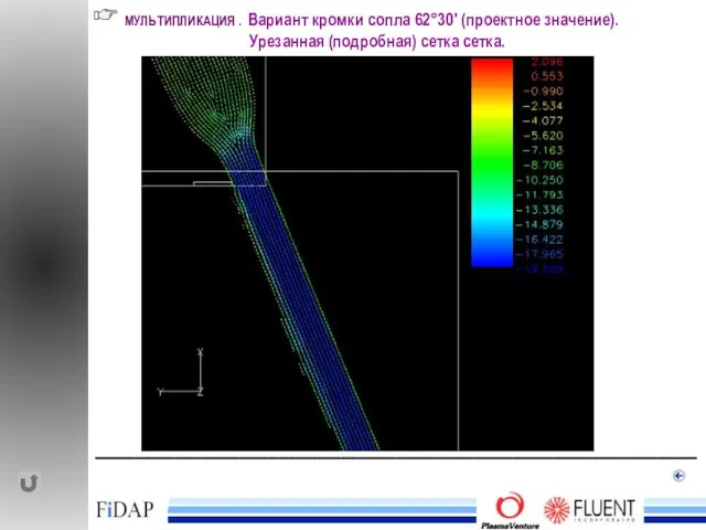 ______________________________________________ МУЛЬТИПЛИКАЦИЯ . Вариант кромки сопла 62°30′ (проектное значение). Урезанная (подробная) сетка сетка.