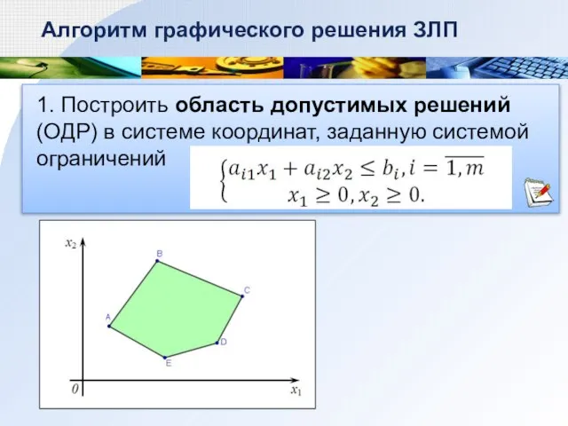 1. Построить область допустимых решений (ОДР) в системе координат, заданную системой ограничений Алгоритм графического решения ЗЛП