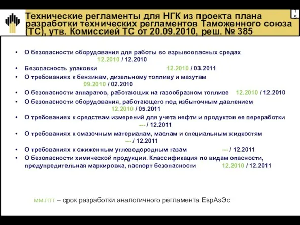 Технические регламенты для НГК из проекта плана разработки технических регламентов Таможенного союза