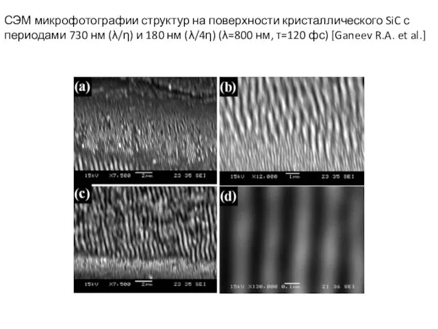СЭМ микрофотографии структур на поверхности кристаллического SiC с периодами 730 нм (λ/η)