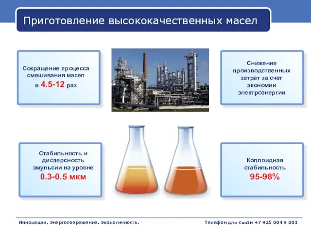 Приготовление высококачественных масел Инновации. Энергосбережение. Экологичность. Сокращение процесса смешивания масел в 4.5-12