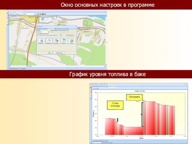 Слив топлива Заправка График уровня топлива в баке Окно основных настроек в программе