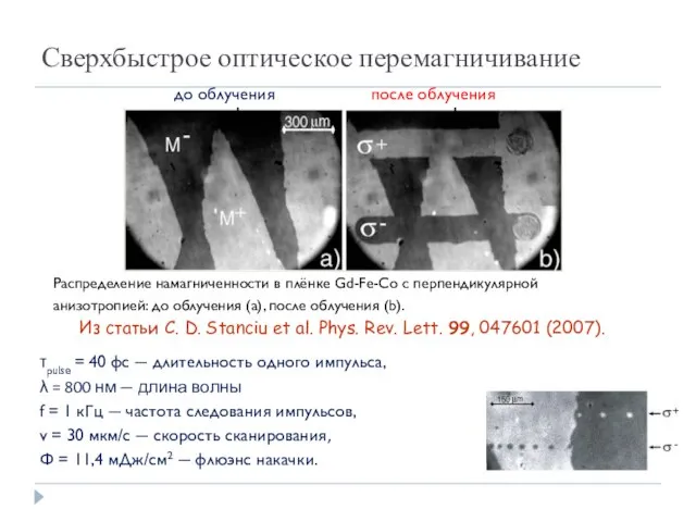 Сверхбыстрое оптическое перемагничивание до облучения после облучения Распределение намагниченности в плёнке Gd-Fe-Co