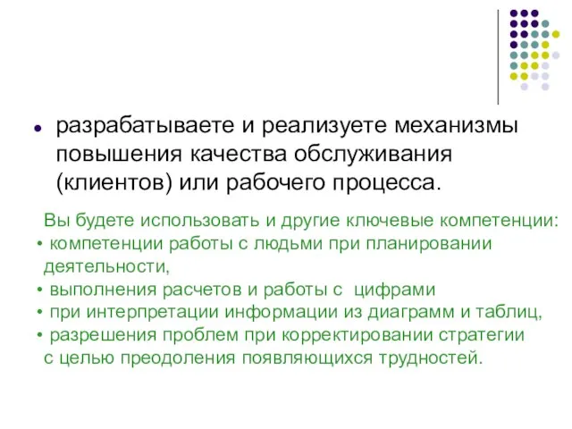 разрабатываете и реализуете механизмы повышения качества обслуживания (клиентов) или рабочего процесса. Вы