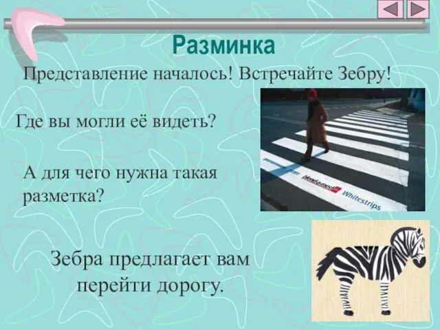 Разминка Представление началось! Встречайте Зебру! Где вы могли её видеть? А для