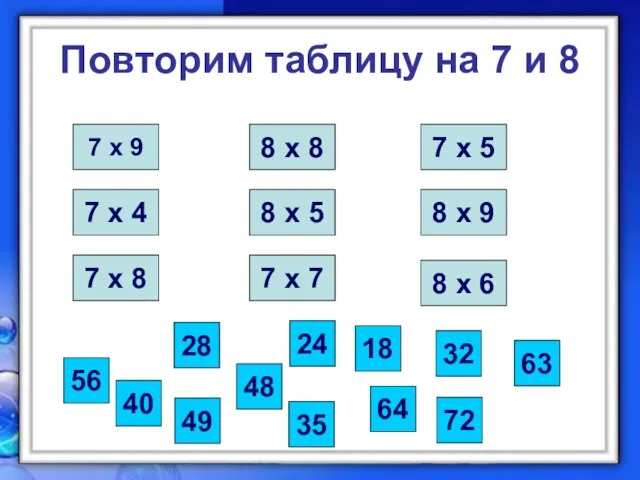 Повторим таблицу на 7 и 8 7 х 9 7 х 8
