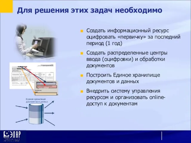 Для решения этих задач необходимо Создать информационный ресурс оцифровать «первичку» за последний