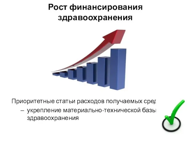 Рост финансирования здравоохранения Приоритетные статьи расходов получаемых средств: укрепление материально-технической базы здравоохранения