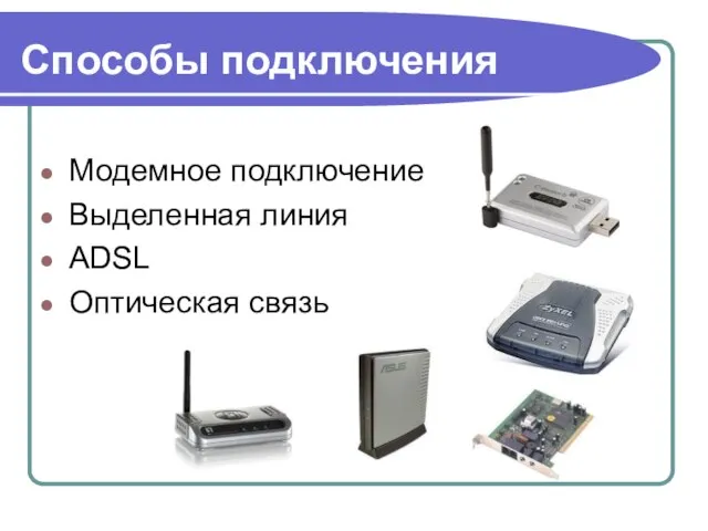 Способы подключения Модемное подключение Выделенная линия ADSL Оптическая связь