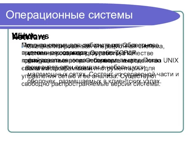 Операционные системы NetWare Специализированная операционная система, оптимизированная для работы в качестве файлового