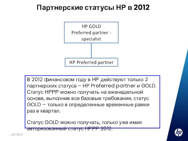 Партнерские статусы НР в 2012 6/5/2012 HP Preferred partner HP GOLD Preferred