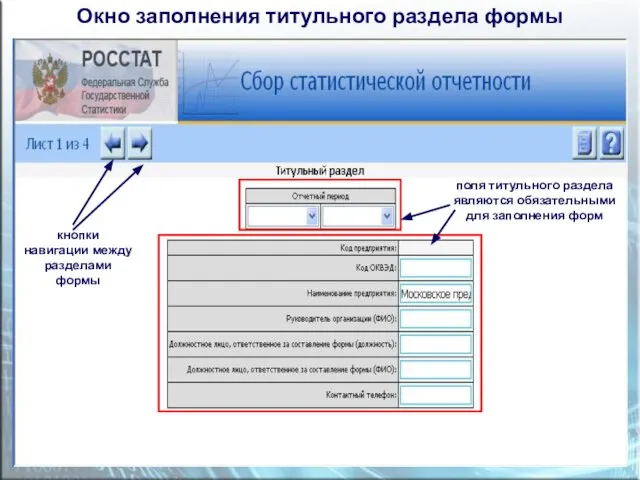 Окно заполнения титульного раздела формы кнопки навигации между разделами формы поля титульного