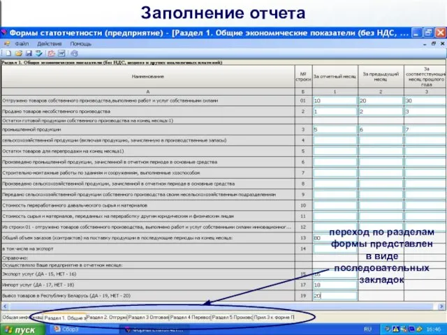 Заполнение отчета переход по разделам формы представлен в виде последовательных закладок