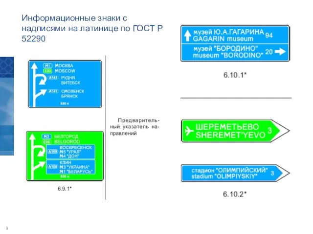 Информационные знаки с надписями на латинице по ГОСТ Р 52290