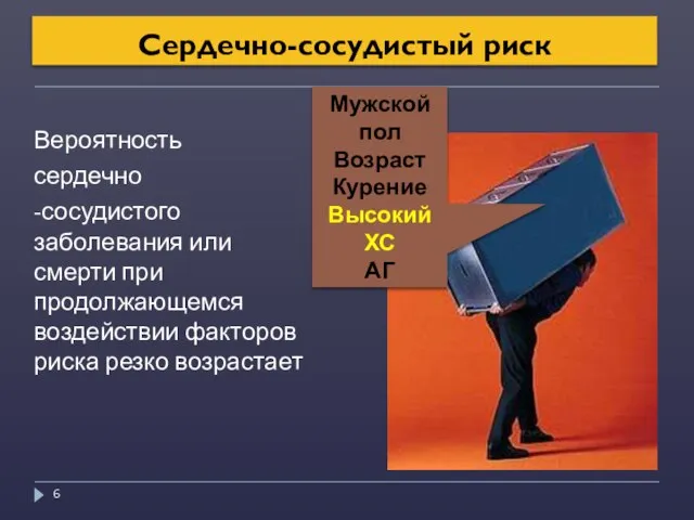 Сердечно-сосудистый риск Вероятность сердечно -сосудистого заболевания или смерти при продолжающемся воздействии факторов