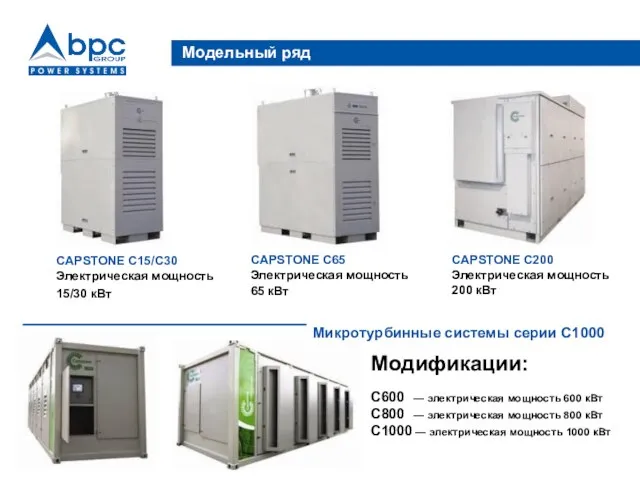 Модельный ряд CAPSTONE C15/С30 Электрическая мощность 15/30 кВт CAPSTONE C65 Электрическая мощность