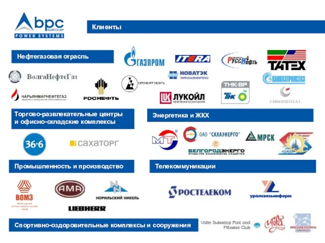 Клиенты Нефтегазовая отрасль Энергетика и ЖКХ Торгово-развлекательные центры и офисно-складские комплексы Спортивно-оздоровительные комплексы и сооружения Телекоммуникации