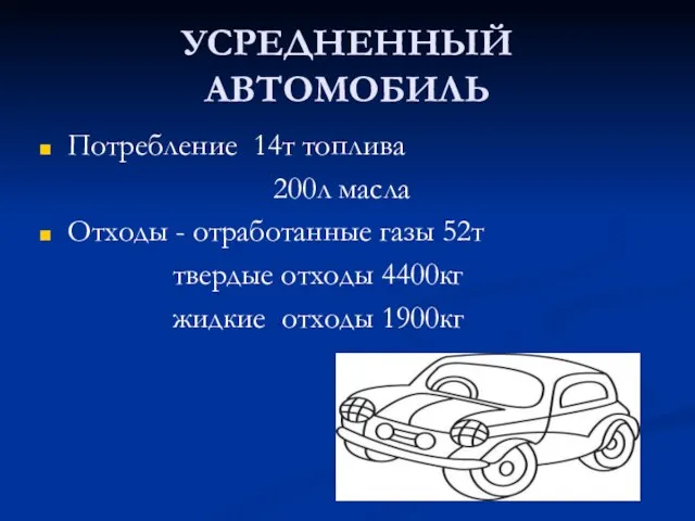 УСРЕДНЕННЫЙ АВТОМОБИЛЬ Потребление 14т топлива 200л масла Отходы - отработанные газы 52т