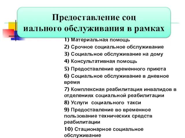 Виды социального обслуживания: 1) Материальная помощь 2) Срочное социальное обслуживание 3) Социальное