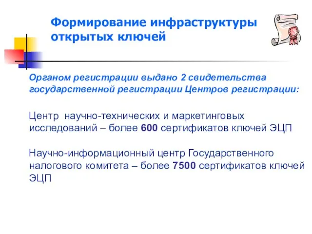 Формирование инфраструктуры открытых ключей Органом регистрации выдано 2 свидетельства государственной регистрации Центров