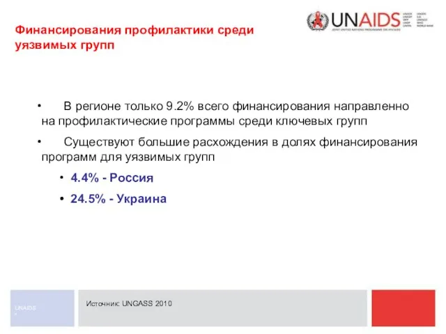 * UNAIDS Финансирования профилактики среди уязвимых групп Источник: UNGASS 2010 В регионе
